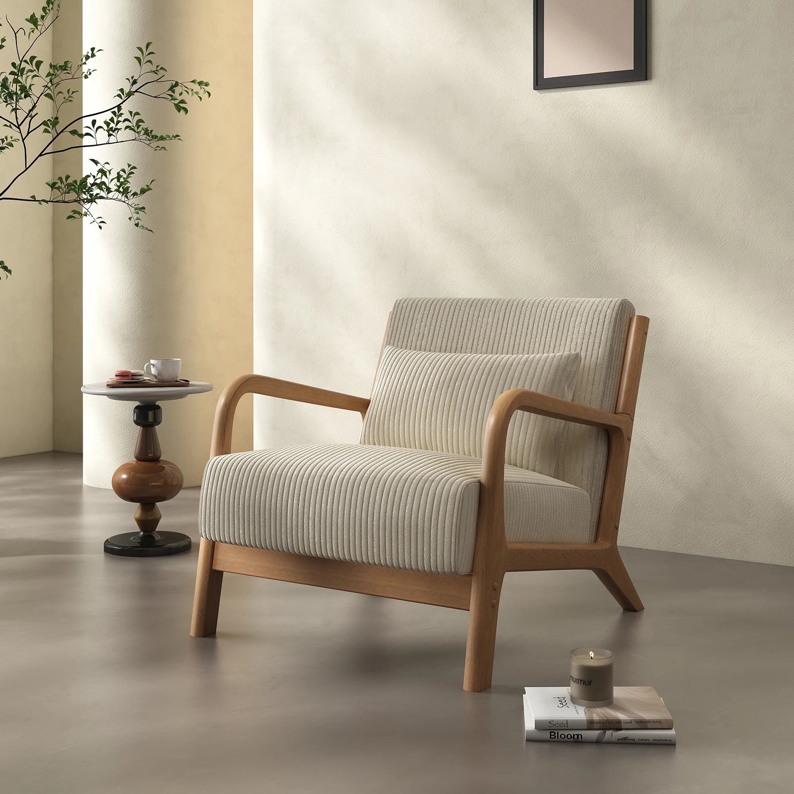 Mid-Century Modern Accent Chair – Fabric Reading Chair with Solid Wood Frame