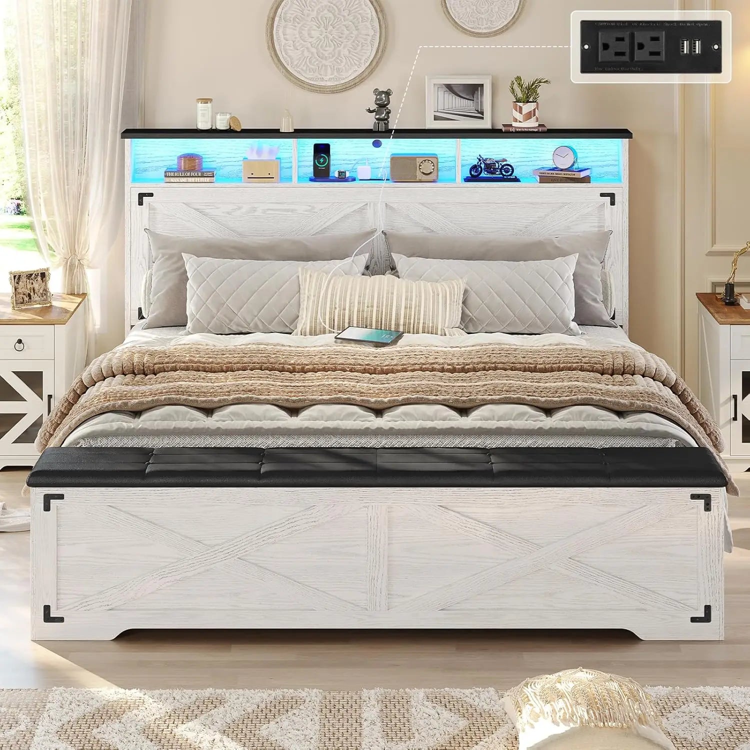 Grey King Size Upholstered Bed Frame with Bookcase Headboard – 4 Drawers & Hidden Storage