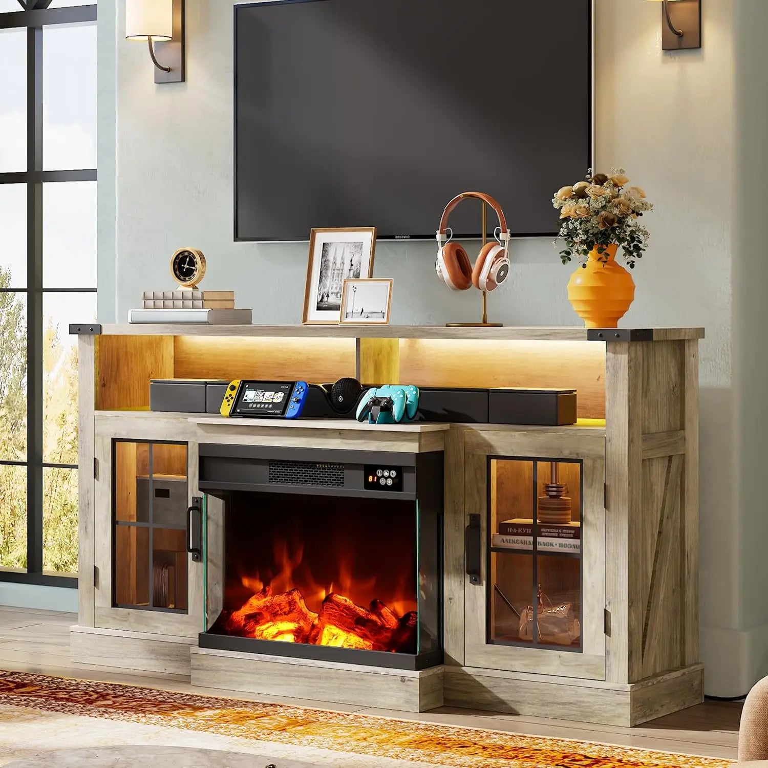 Farmhouse TV Stand for 65 Inch TV, Tall Entertainment Center with LED Lights & Storage Cabinets,