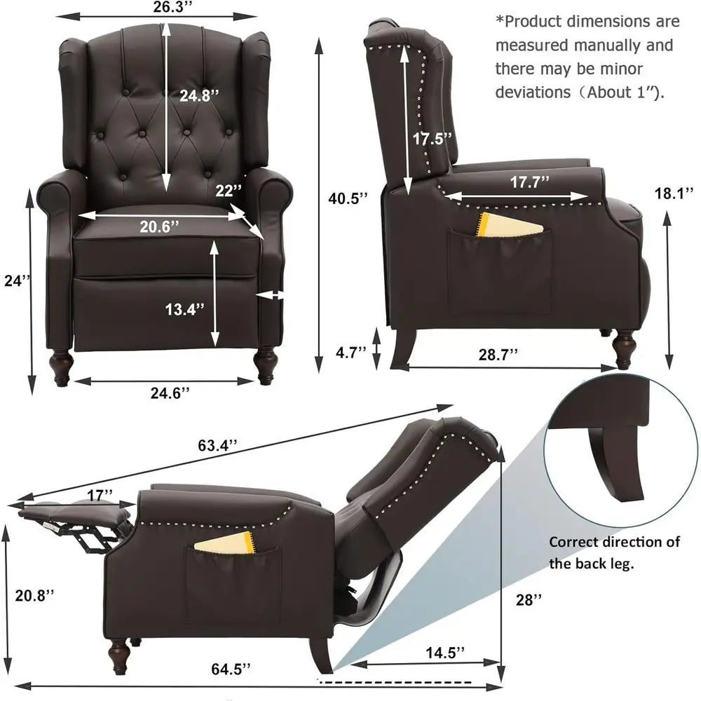 Mid-Century Style Reclining Leather Armchair with Massage and Heat Features, Brown Accent Chair with Tufted Back, Nailhead Trim,