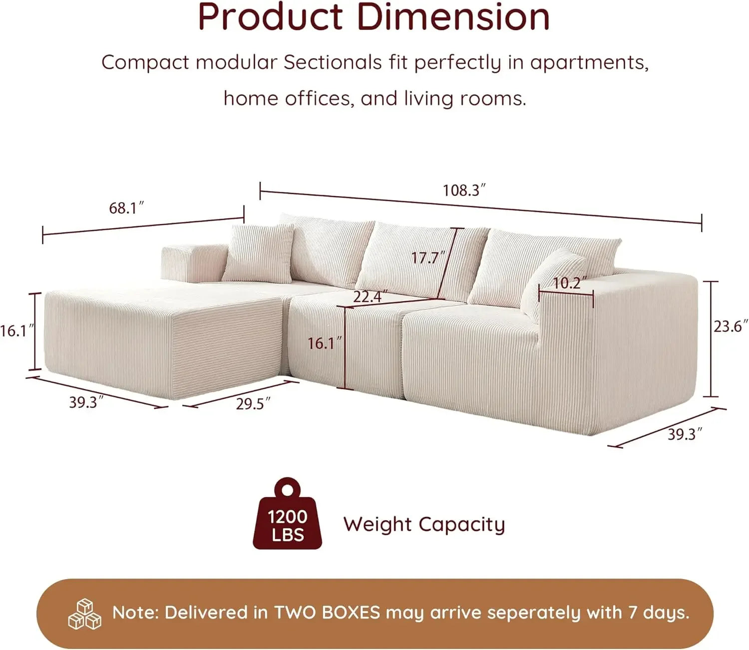 Modern Corduroy L-Shaped Sectional Sofa with Ottoman 108' Modular Couch for Living Room Bedroom Home Office