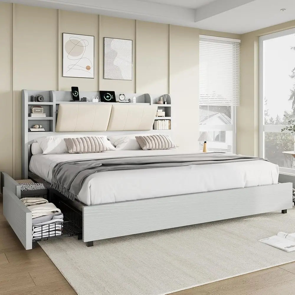 Grey King Size Upholstered Bed Frame with Bookcase Headboard – 4 Drawers & Hidden Storage