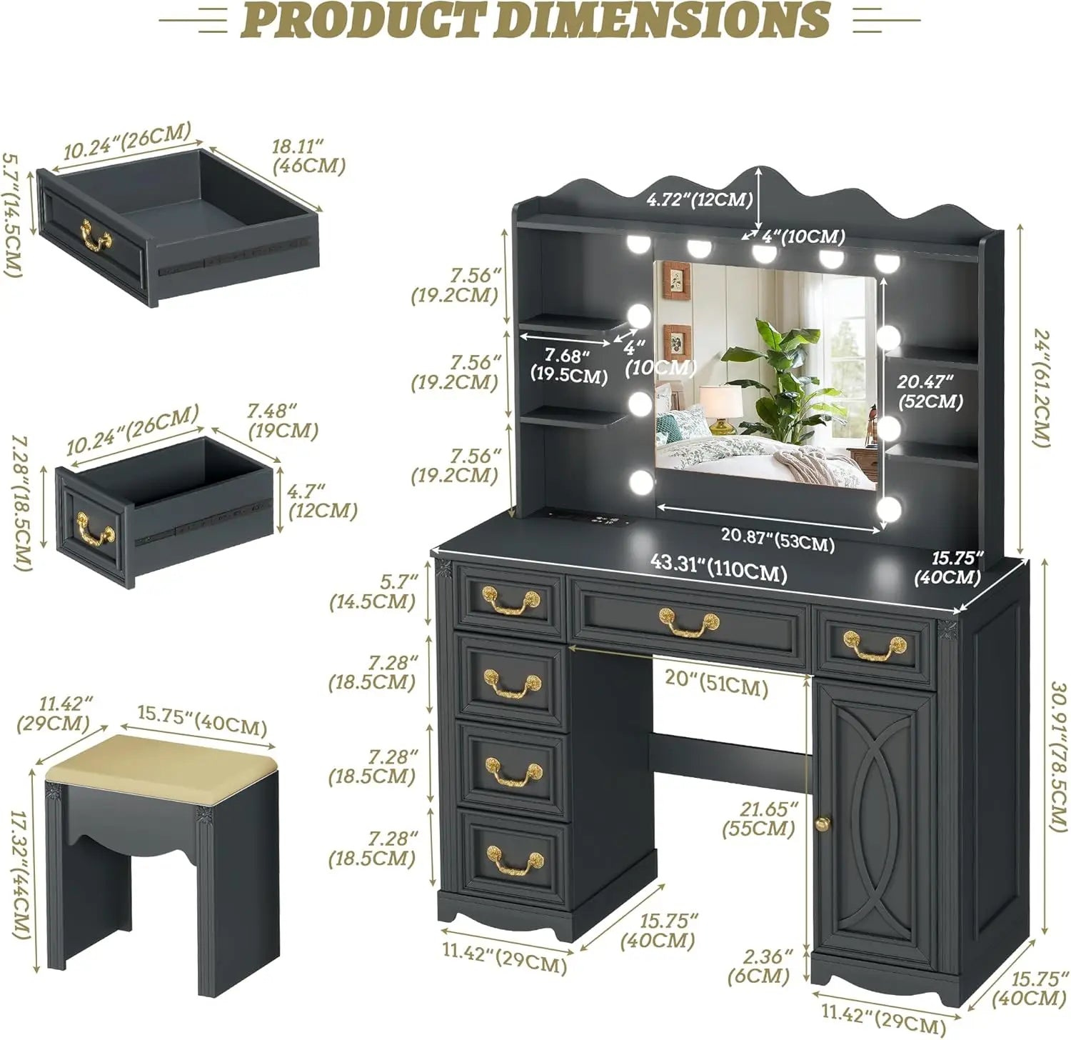 Makeup Vanity Desk with Mirror, Lights & Charging Station, 6 Drawers, Grey