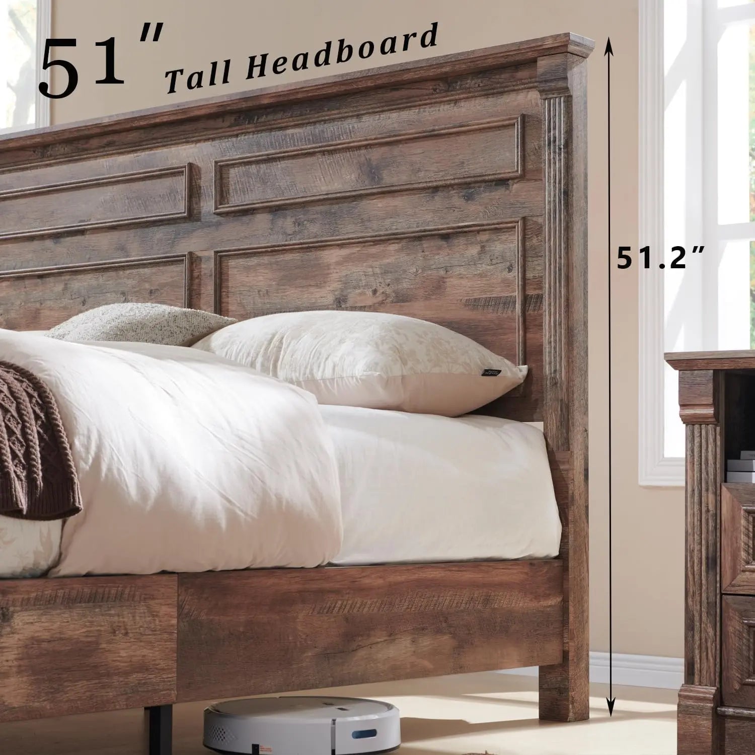 Farmhouse King Size Wood Bed Frame – 51″ Tall Headboard with Roman Column Footboard