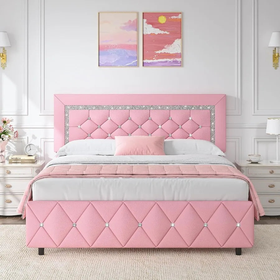 Pink Queen Faux Leather Upholstered Bed Frame – Diamond Headboard Platform Bed