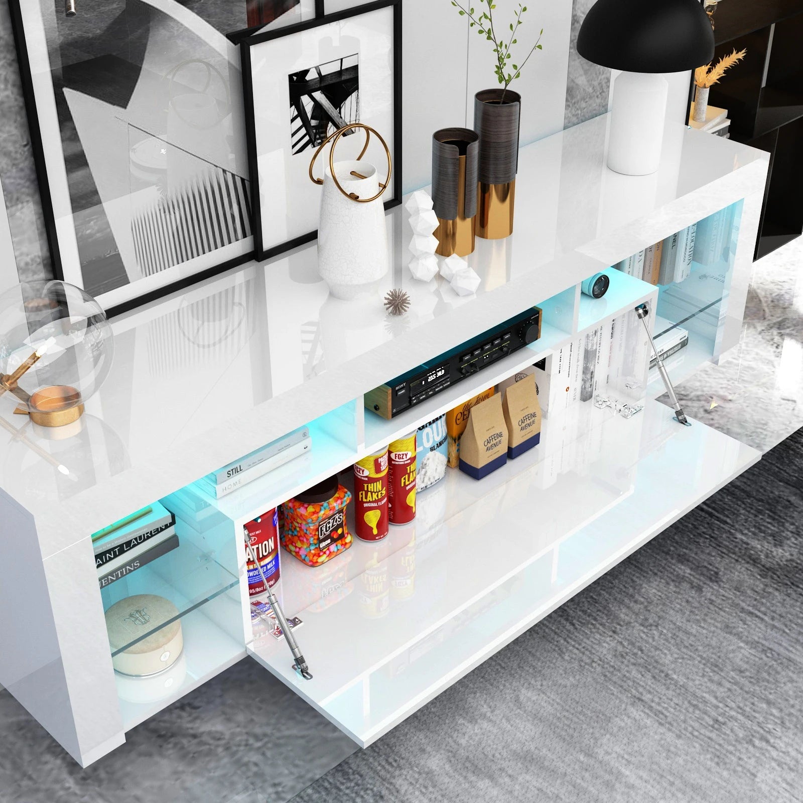 63" Floating TV Stand for 60" TV, LED TV Cabinet w/Power Outlets, Storage and Shelf, Modern High Gloss Media Console Table
