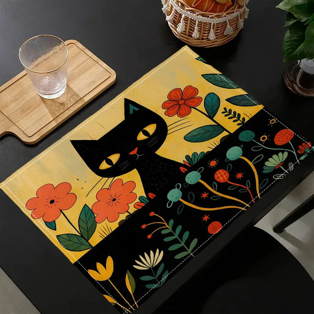 1PC Black Cat and Floral Placemats Washable Heat Resistant 30x40CM Floral Watercolor Multicolor Linen Fabric Table Place Mat7.14
