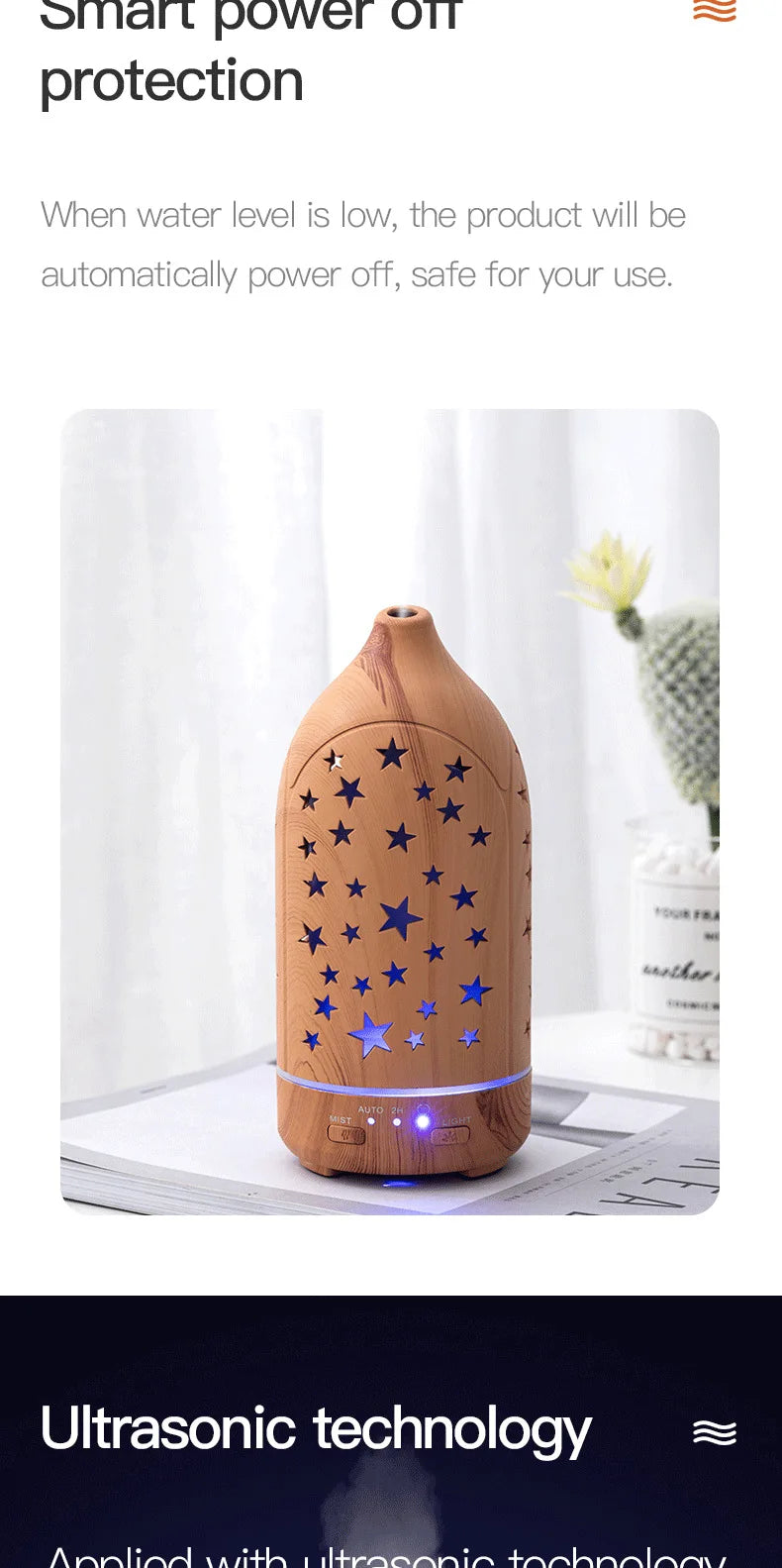 Humidifier with 7 colors LED light 360 ° rotary hollow aromatherapy machine for bedroom humidifier mist spray office wood grain