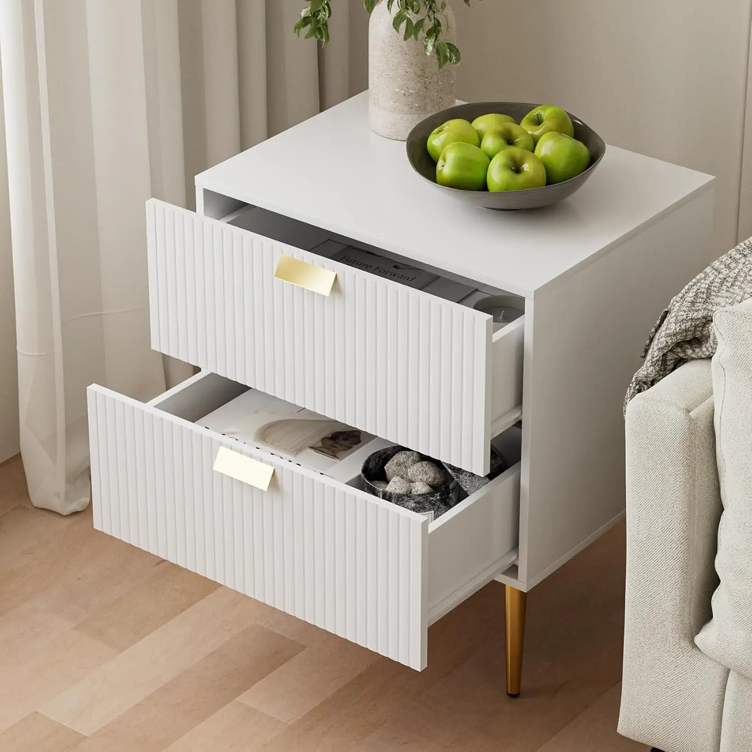 Nightstand with Drawers, Large Fluted Night Stand, End Table for Living Room, Mid Century Modern Bedside Table