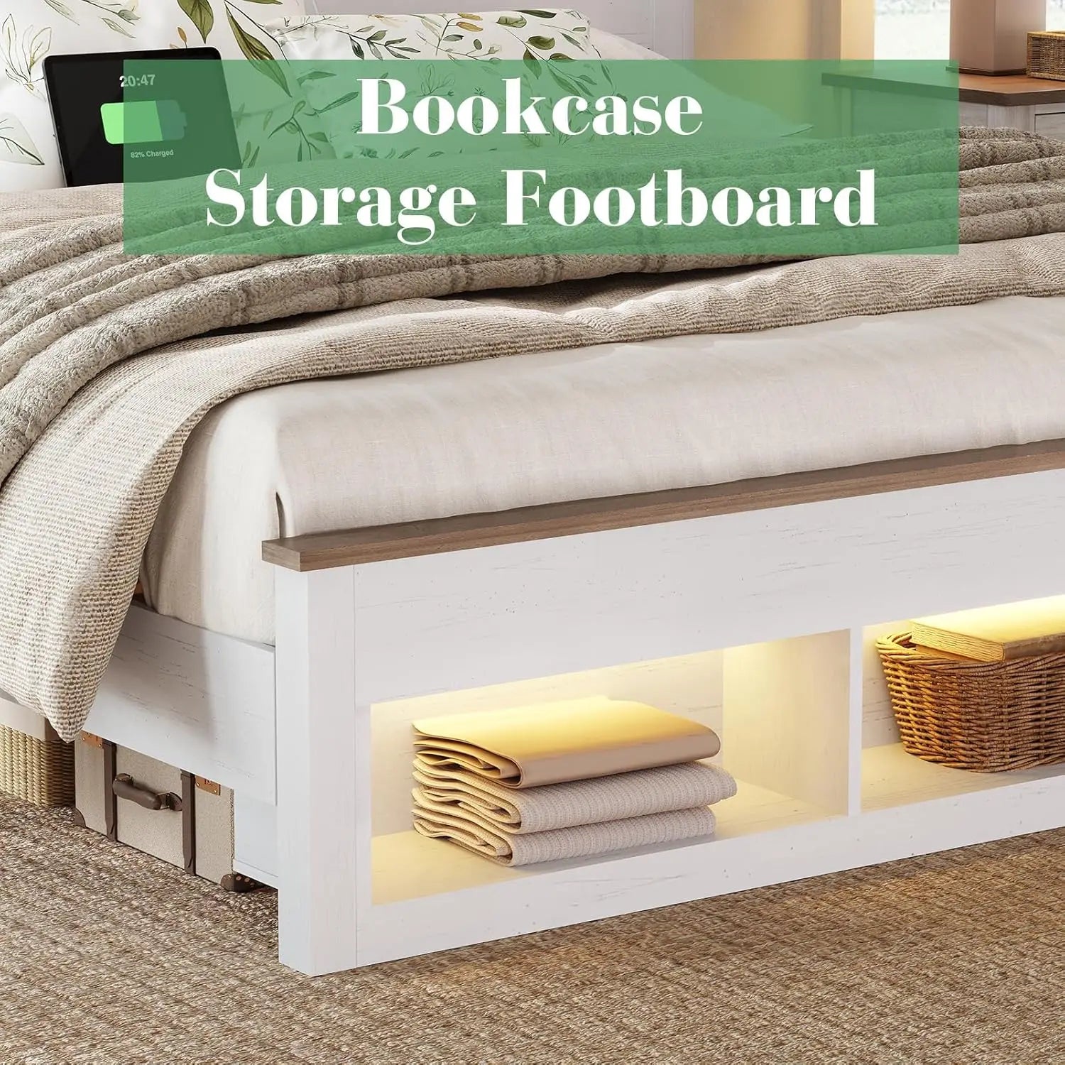 Farmhouse King Size Storage Platform Bed Frame – Bookcase Headboard & Footboard