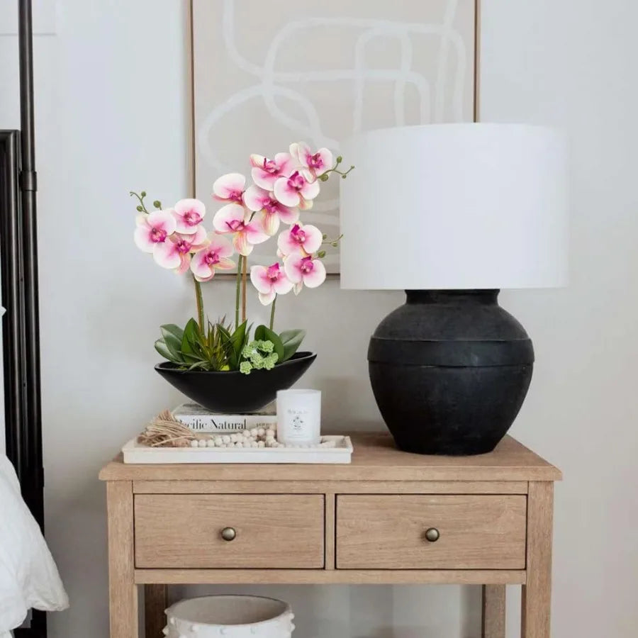 17inch Pink Orchid Fake Flowers with Black Pot Artificial Silk Orchid Arrangement for Home Office Bathroom Table Centerpiece Mo