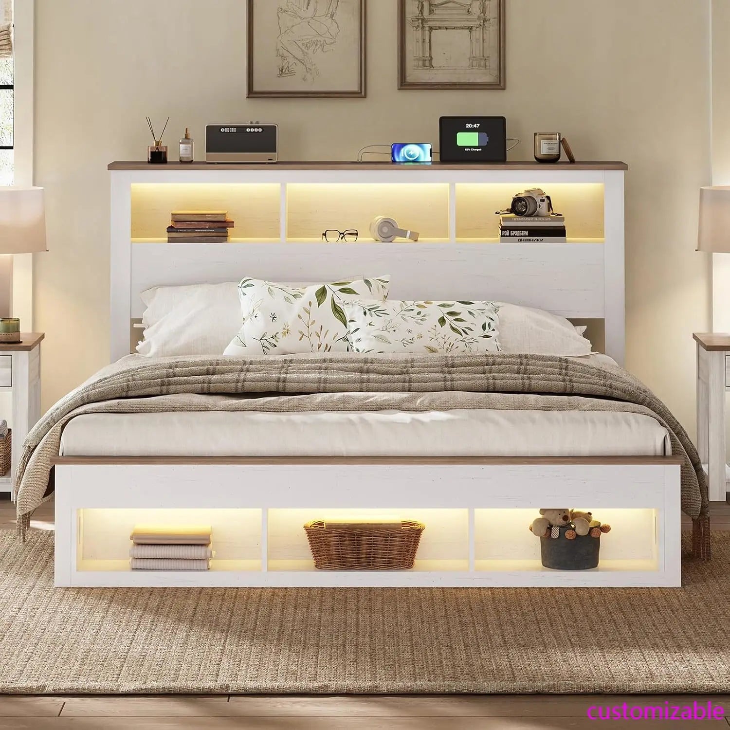 Farmhouse King Size Storage Platform Bed Frame – Bookcase Headboard & Footboard