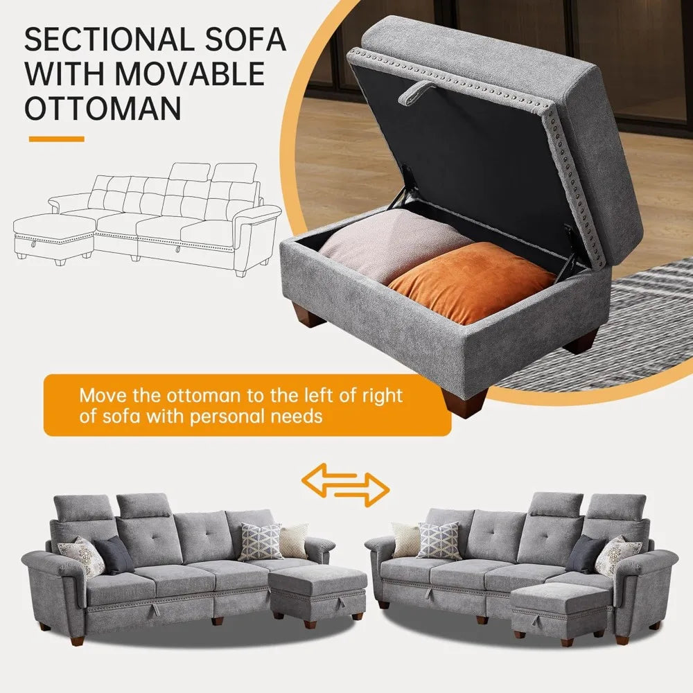 4 Seat L Shaped Convertible Sofa with Storage Chaise And Cup Holder Modern Microfiber Fabric Couch for Living Room
