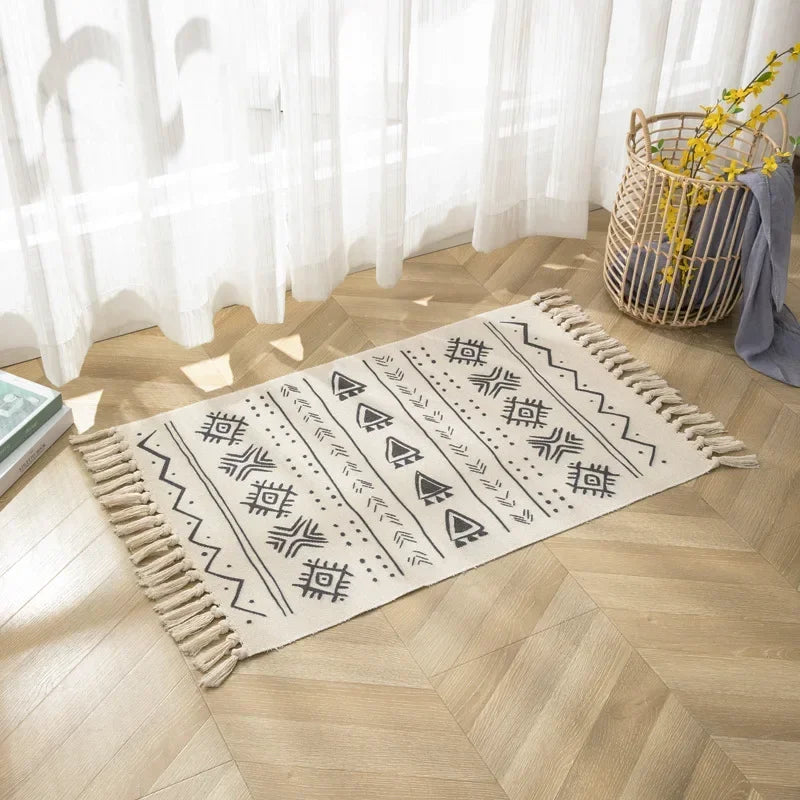 Nordic Cotton And Linen Knit Rug Ethnic Style Carpet Tassel Small Rug Bedroom Kitchen Rugs Mat Boho Washable Home Decoration