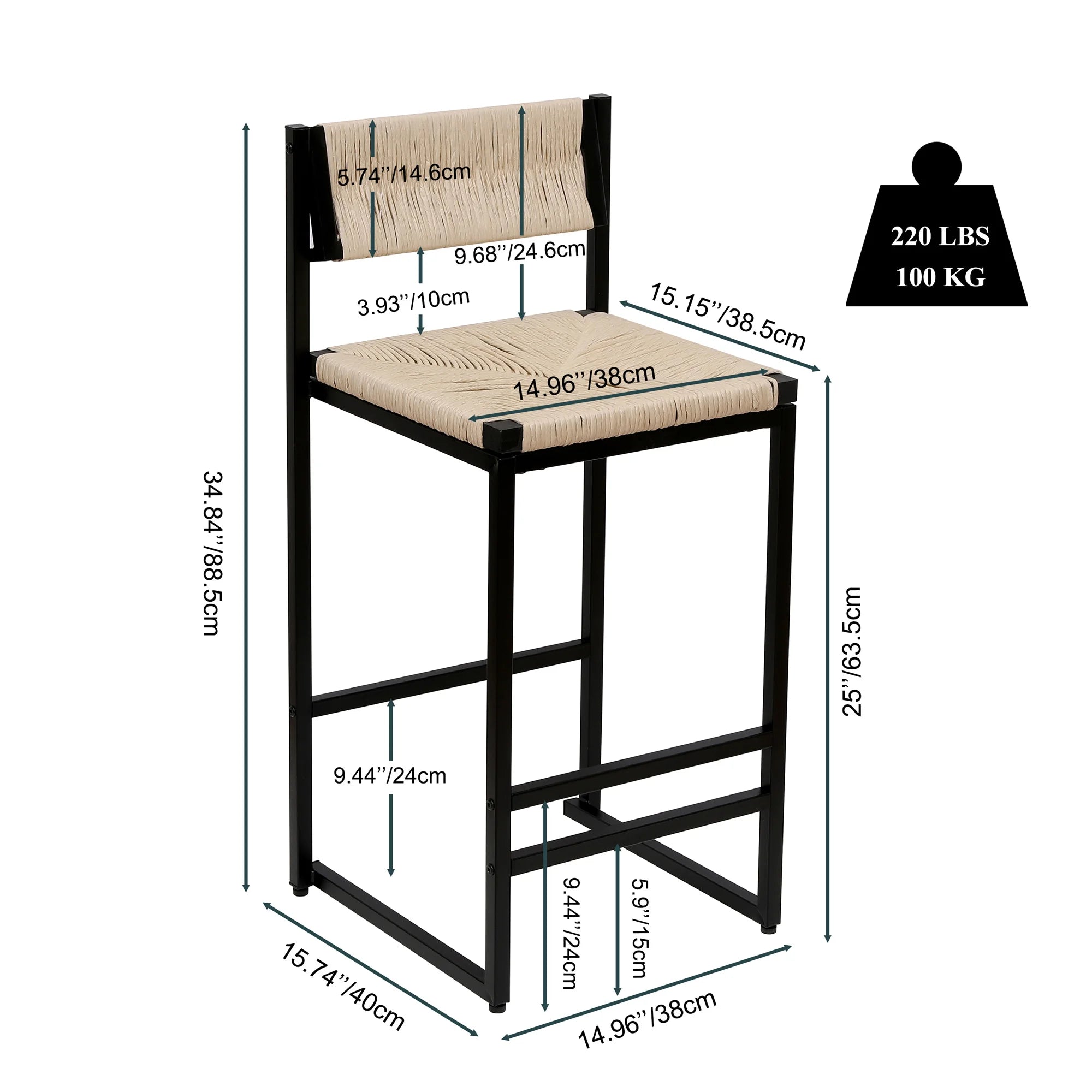 2pcs High Bar Stools Chairs Paper Rope Woven Barstools 220lbs Max Weighing Capacity for Kitchen Dining Room Coffee Shop