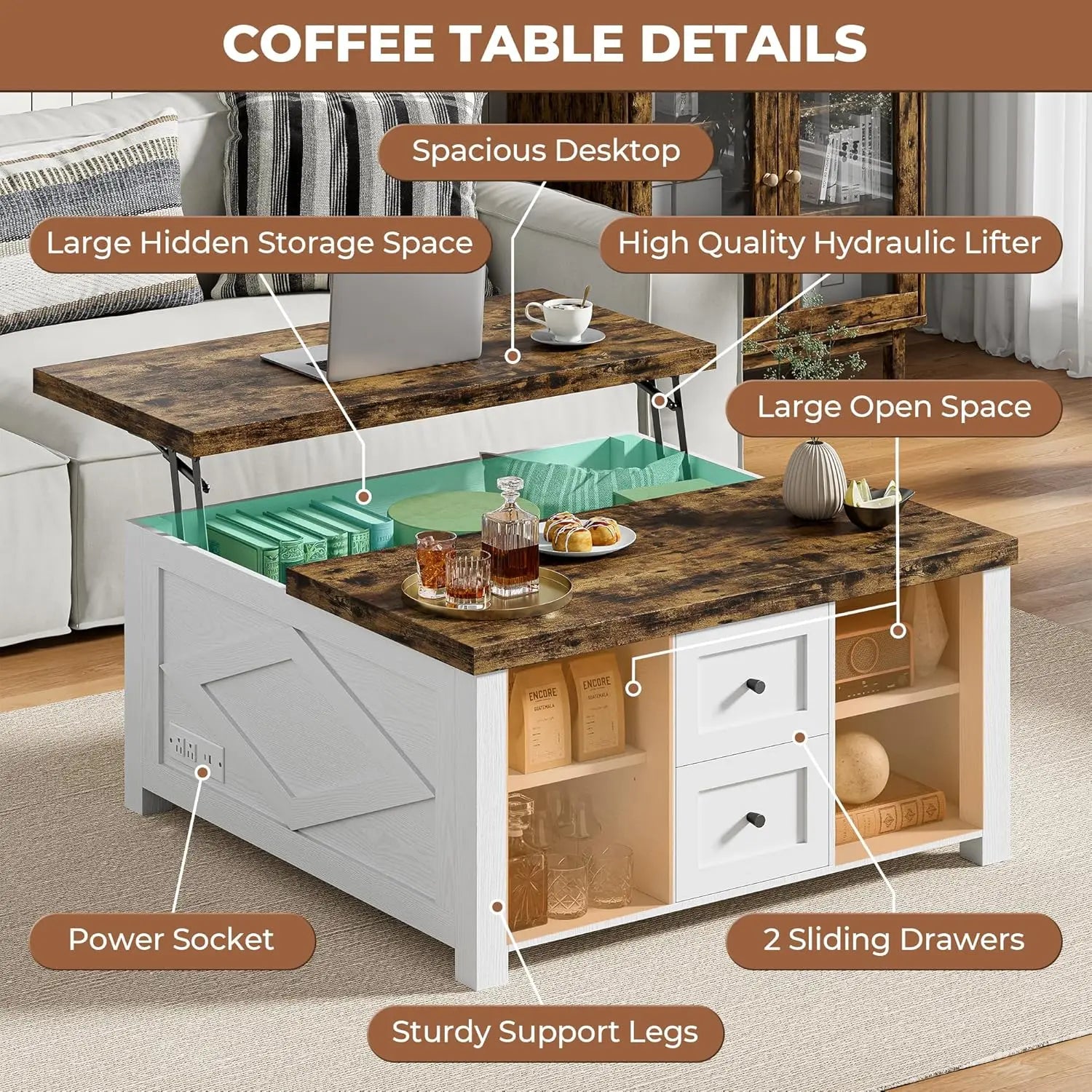 Lift-Top Coffee Table with Storage – Square Living Room Table with Charging Station & Drawers