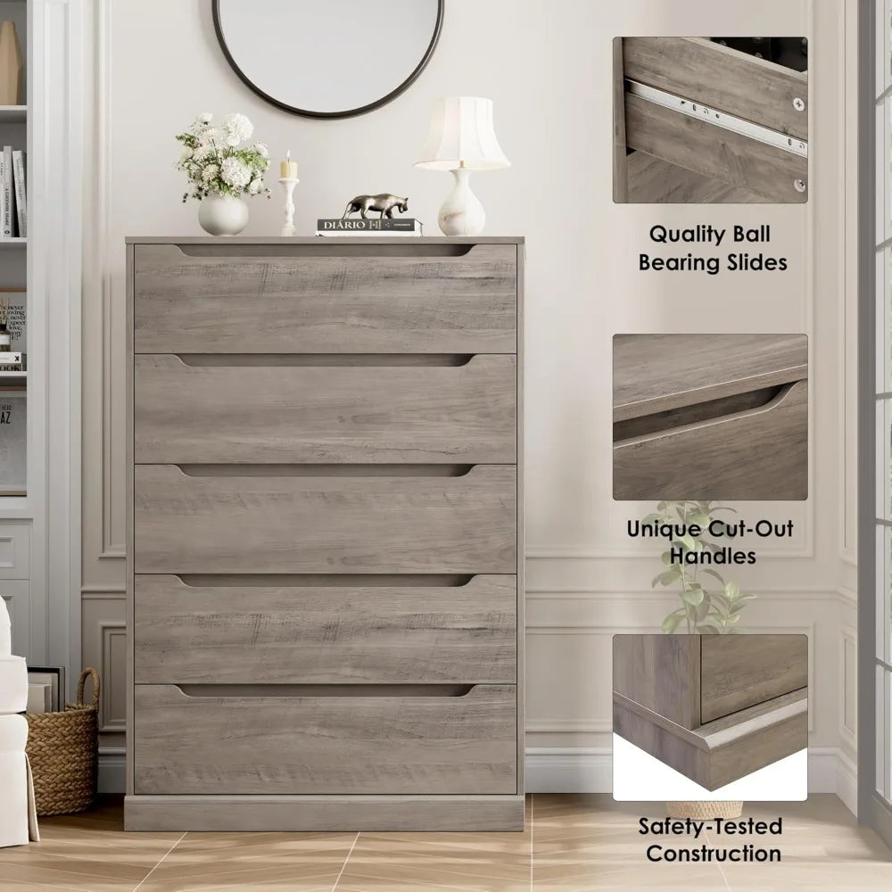 HOSTACK 43.3 Inch Tall Modern 5 Drawer Dresser for Bedroom – Wood Clothes Storage Organizer