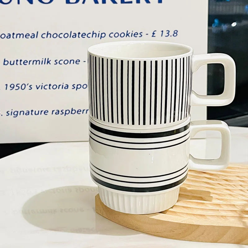 Coffee Mugs Set of 4, 13 Ounce Stackable Coffee Mug Set with Stand, Stoneware Coffee Cup with Spoon for Coffee, Milk, Tea, Cocoa