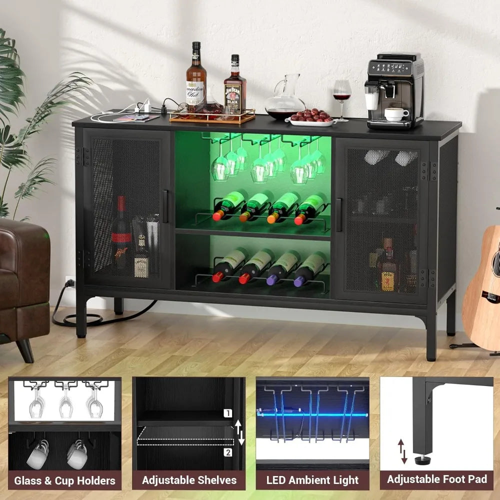 Industrial Wine Bar Cabinet with Power Outlets & LED Lights – Adjustable Wine Rack Coffee Station