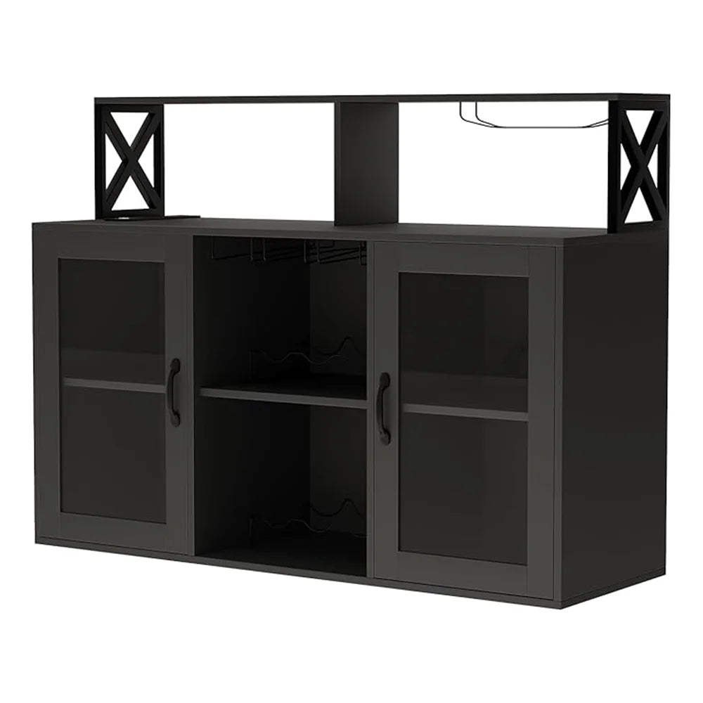 Wine Bar Cabinet with LED Light – Tempered Glass Doors & Power Outlet
