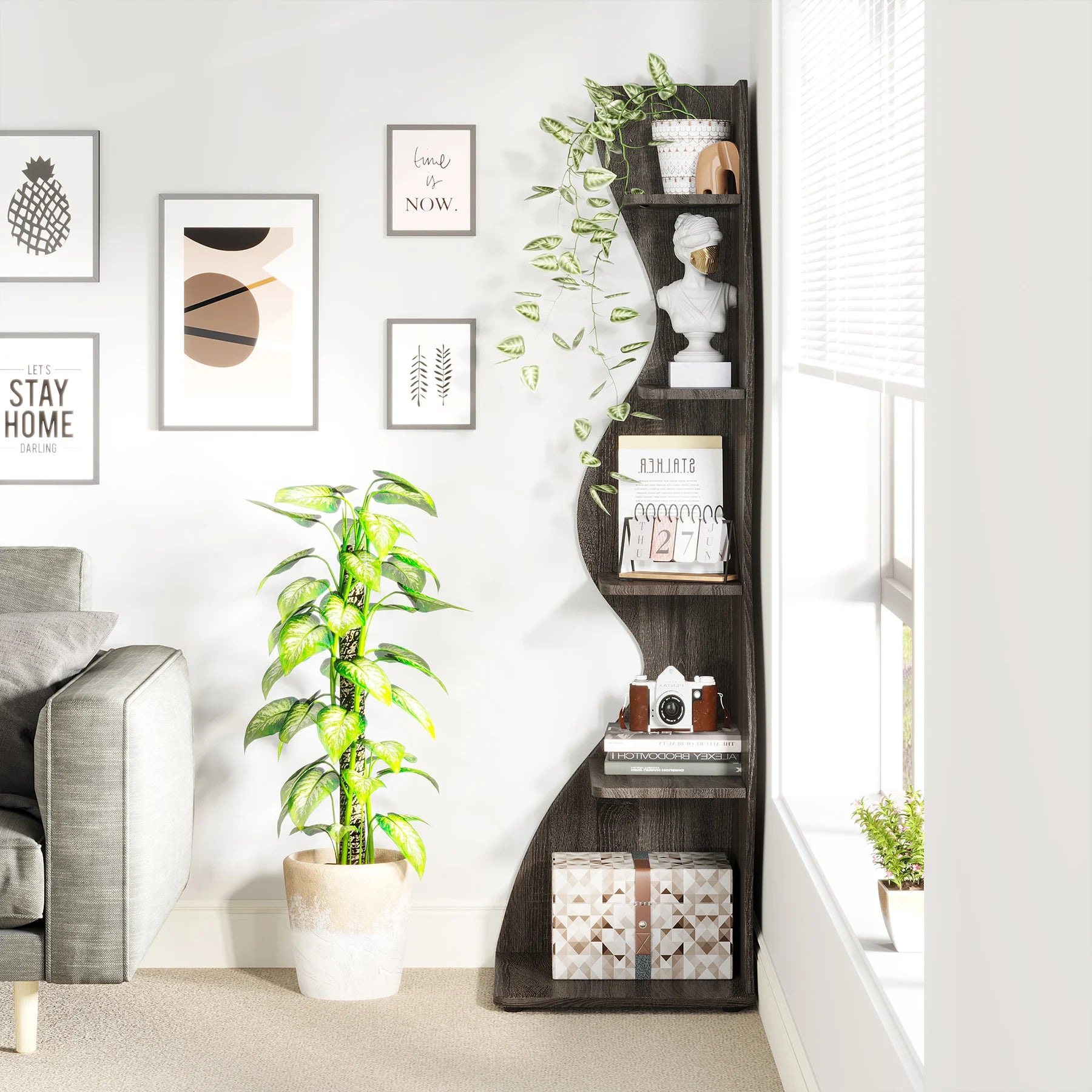 Tribesigns Modern 5-Tier Corner Bookshelf – Wall Corner Storage Rack & Plant Stand