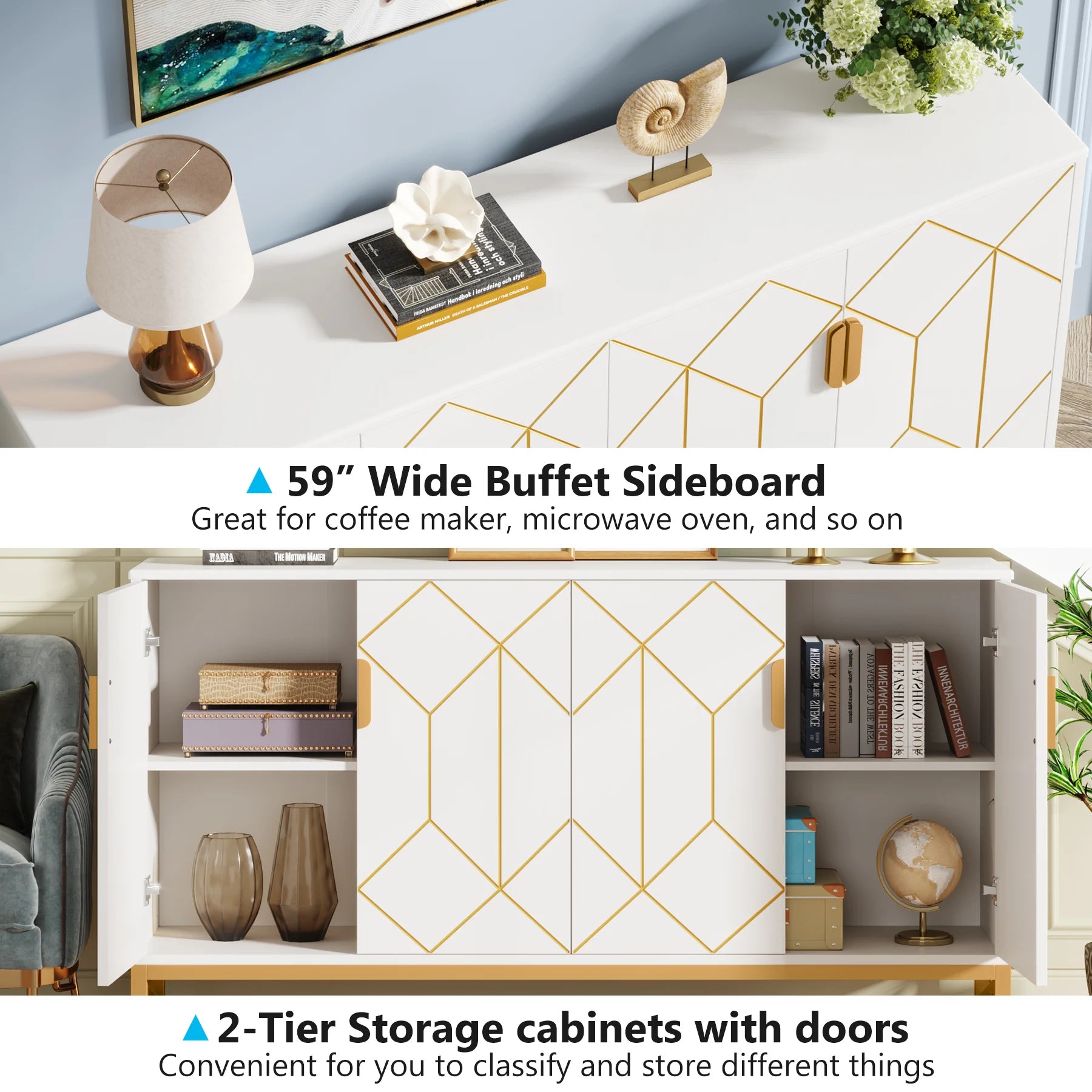 Tribesigns 59" White Gold Buffet Cabinet with Storage Kitchen Sideboard Storage Cabinet