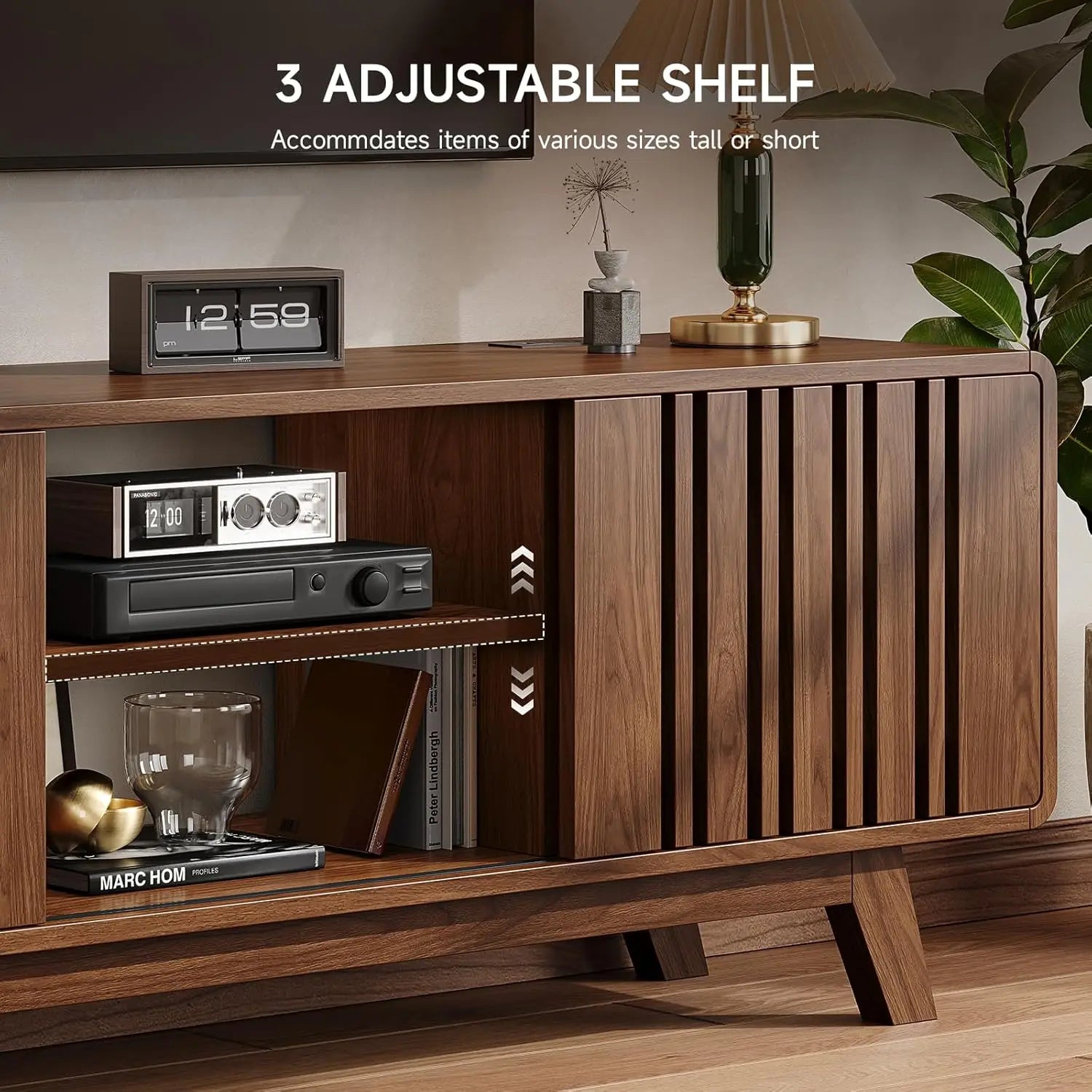 mid-century modern 63" tv stand for 75" tvs with sliding door entertainment center and power outlet