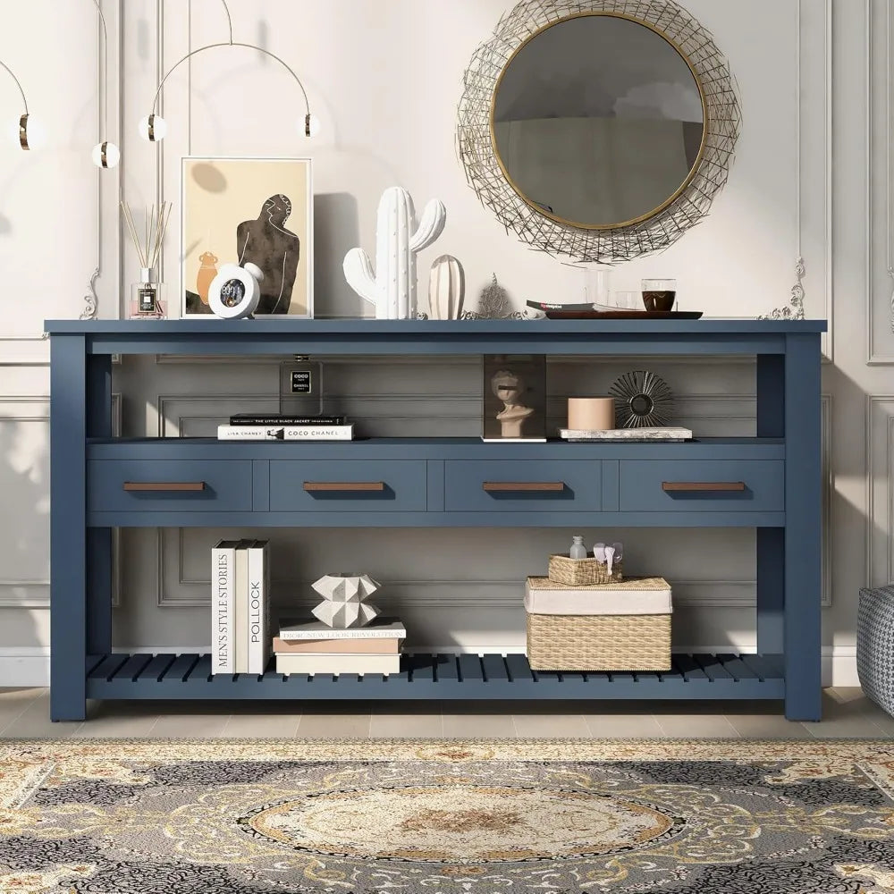 Navy Blue Merax Slim Wood Console Table with Drawers and Lower Shelf for Entryway and Hallway