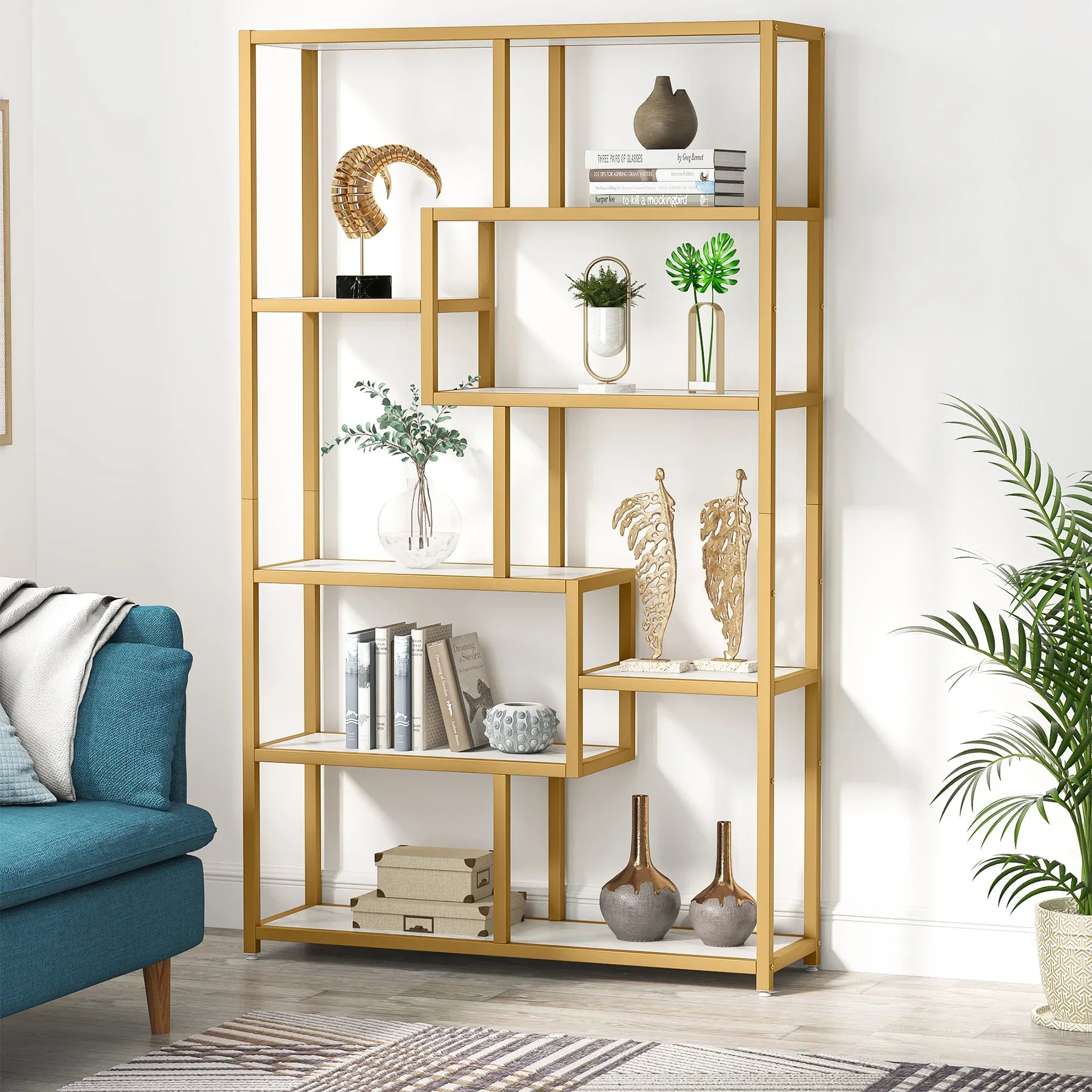 Tribesigns Gold 8-Open Shelf Étagère Bookcase with Faux Marble – Modern Display Bookshelf