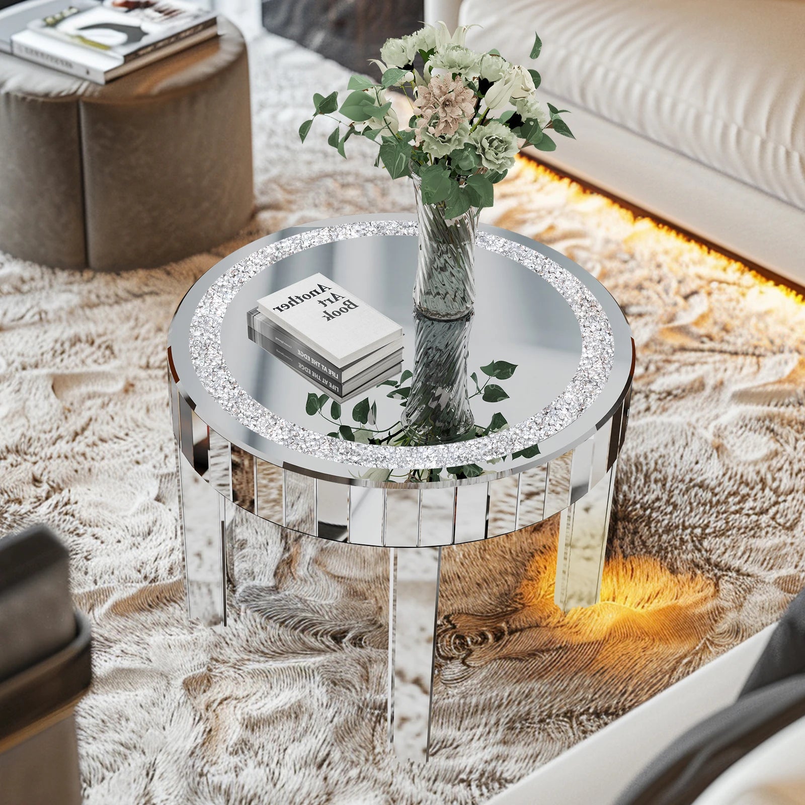 Crushed Crystal Mirrored Coffee Table – 60cm Round Accent Table