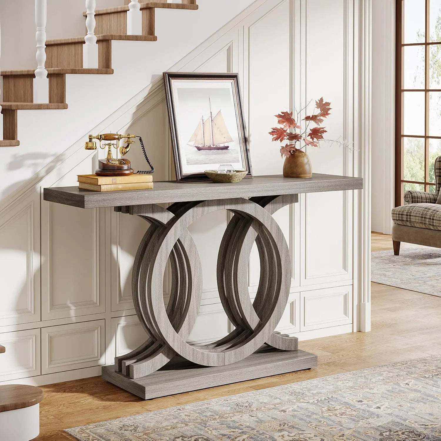 55-Inch Console Table with Geometric Wood Base,Modern Entryway Table with Thick Tabletop for Living Room, Hallway, Foyer (Gray)