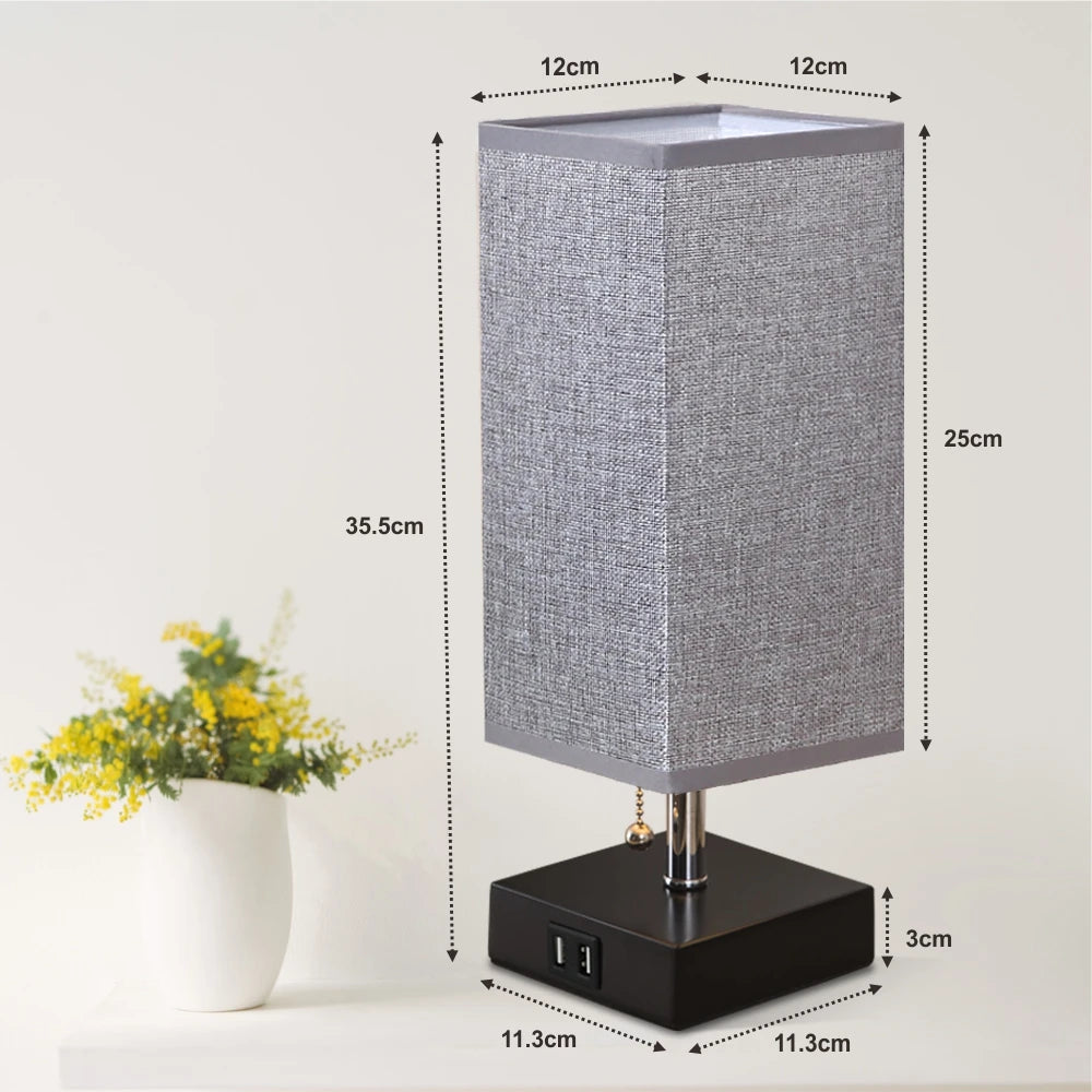 Pull Chain Table Lamp Grey Bedroom Lamps with 3 Color Temperatures,Rechargeable Lamp with Dual USB Ports for Table,Living Room