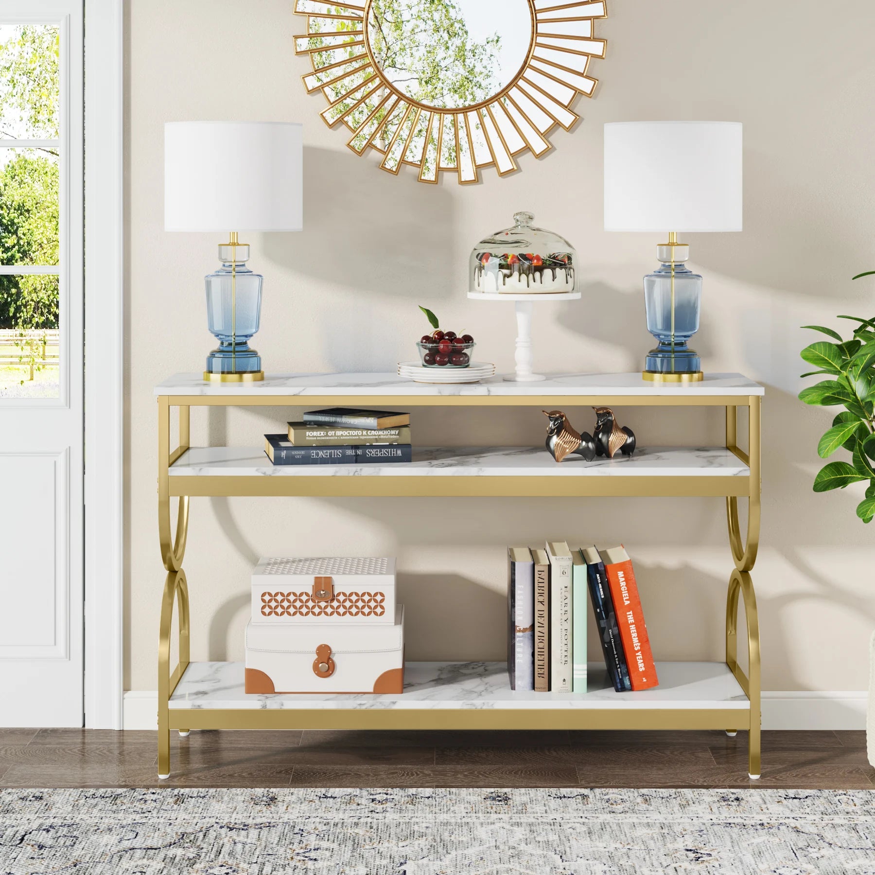 3-Tier Console Table, 55 inch Sofa Table with Open Storage Shelves, Narrow Long Hallway/Entryway Table