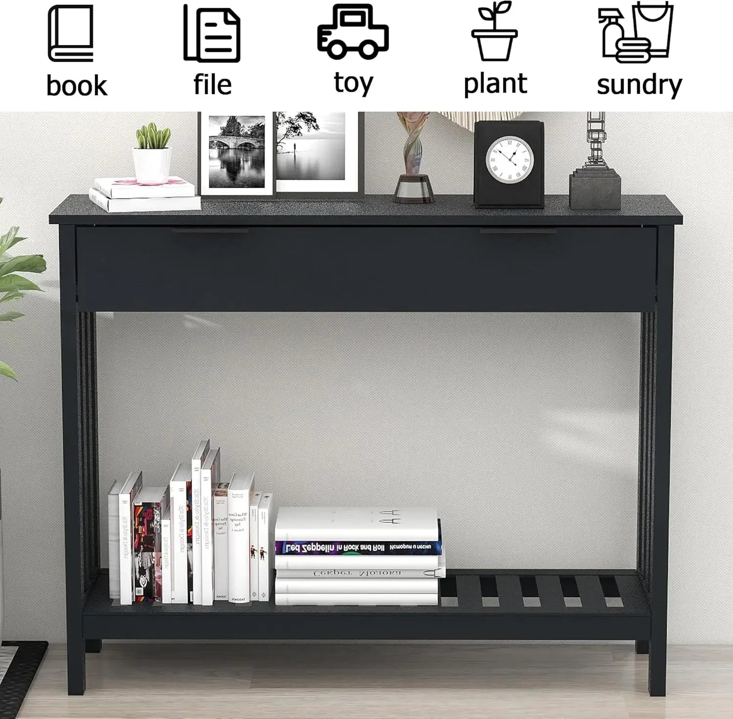 Black Entryway Table with Drawer Modern Wood Narrow Console Table with Storage, Hallway Sofa Tables for Living Room, Black