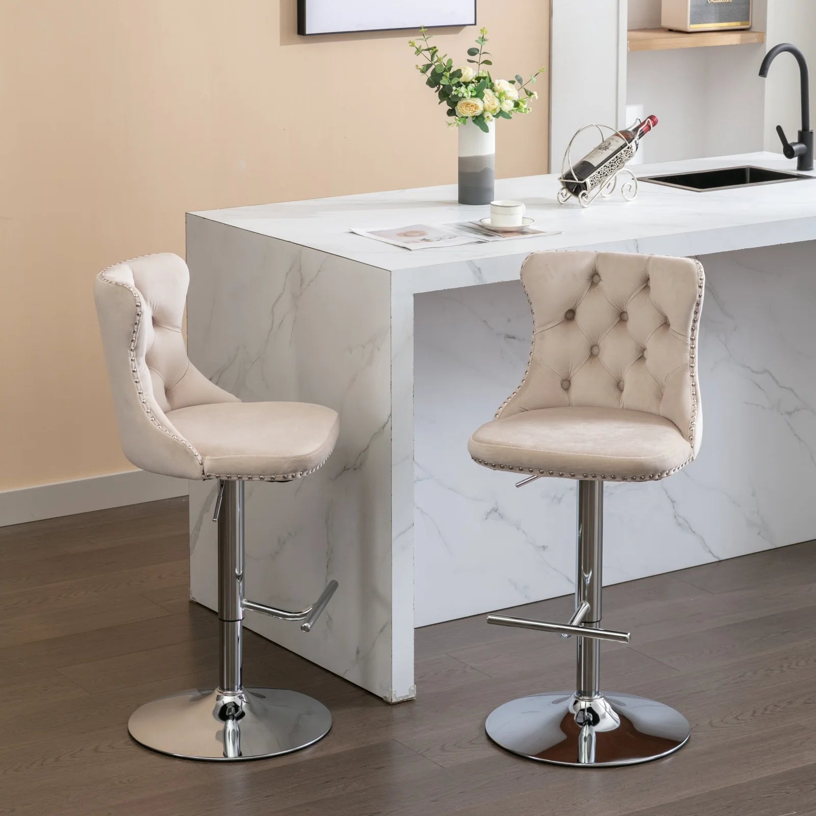 Swivel Velvet Bar Stools – Adjustable Counter-Height Chairs (Set of 2)