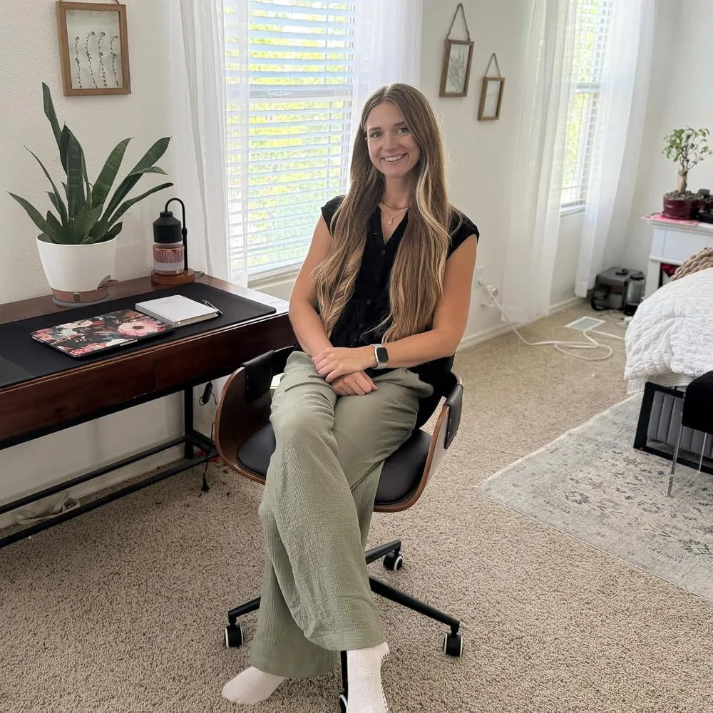 Ergonomic Walnut Desk Chair with Adjustable Height and Caster Wheels, Featuring Curved Back and Arms, Faux Leather Upholstery