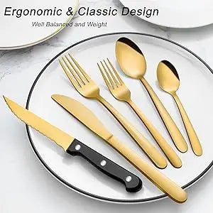 72-Pcs Gold Silverware Sets, Flatware Set with Steak Knives, Stainless Steel Cutlery Set, Include Forks Spoons and Knives Set.