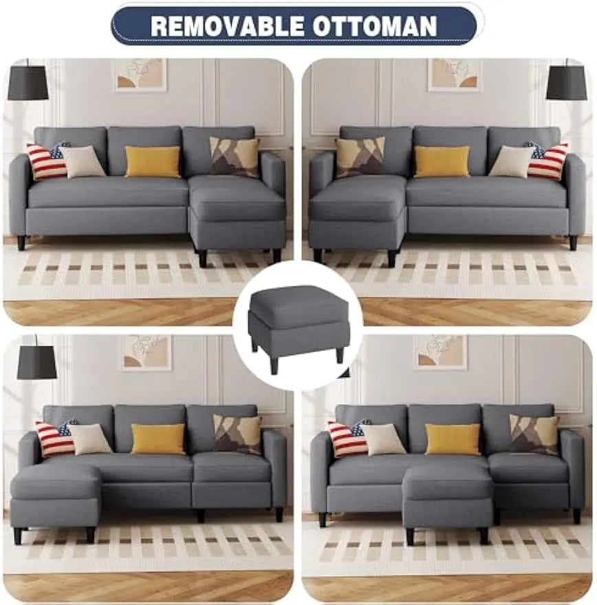 Small 3 Seat L Shaped Sectional Couch with Ottoman Fabric Upholstered Living Room Sofa Ideal for Apartments