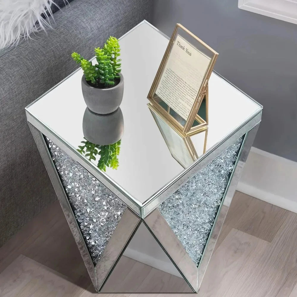 Silver Mirrored End Table, Crystal Inlay Side Table Accent Table, Small Mirrored Coffee Table for Living Room, Bedroom GN152TB