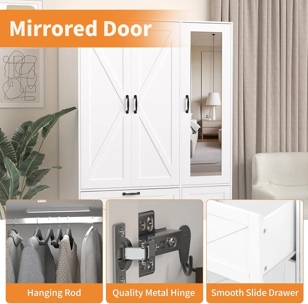 3 Door Armoire Wardrobe Closet with Mirror and LED Light – Bedroom Storage Cabinet with Drawers and Shelves