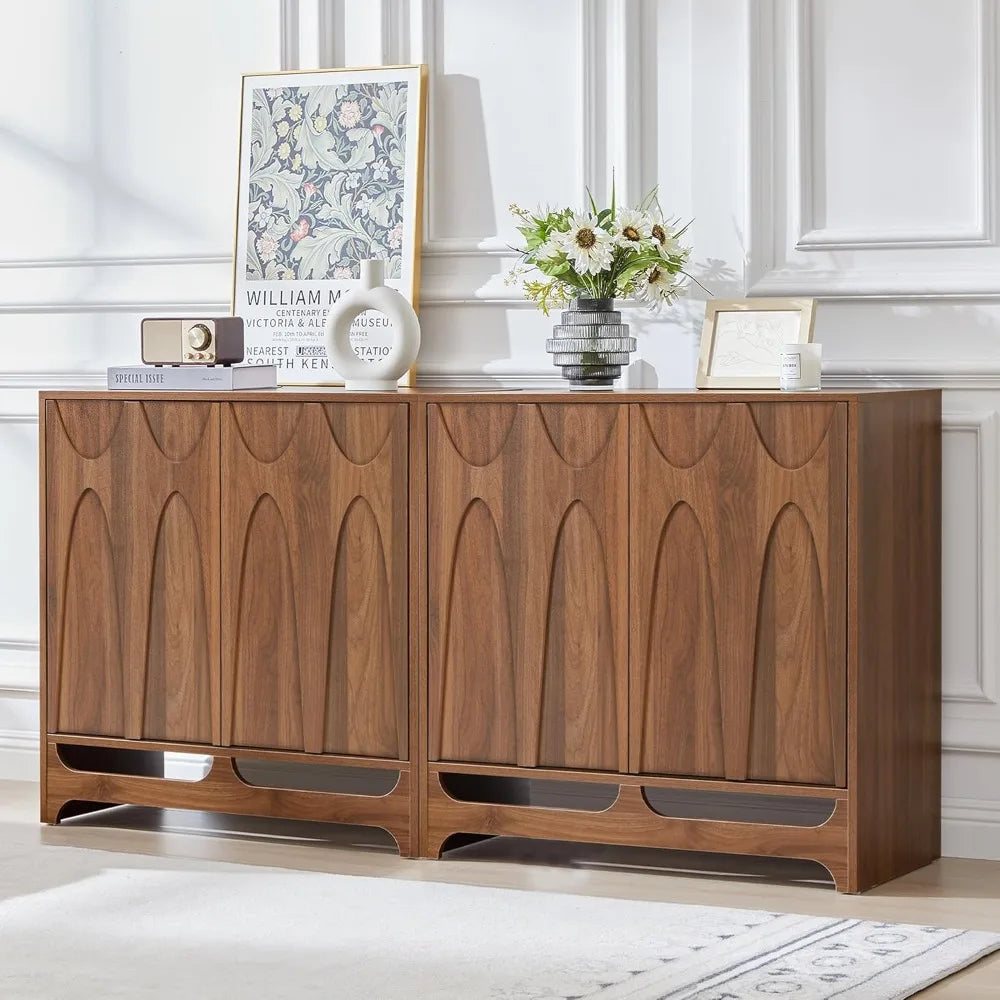 Sideboard Buffet Cabinet with Storage Set of 2, 63” Wide Mid Century Modern Wood Storage Cabinet with 4 Doors and Adjustable She