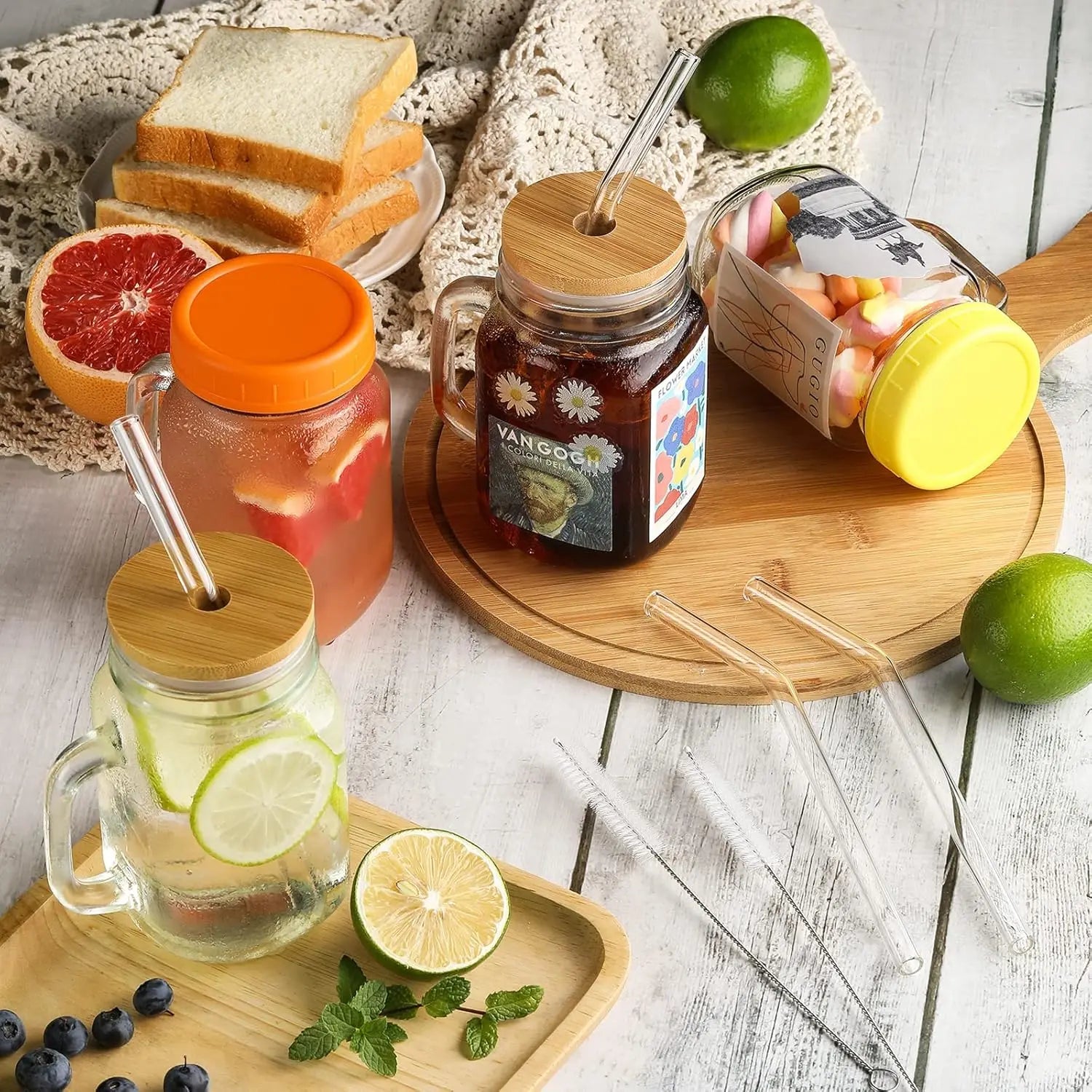 Mason Jars with Handle, Glass Mugs with Straws and Bamboo Lids & Colorful Airtight Lids 4pcs Set, 16oz Drinking Glass Cups, Trav