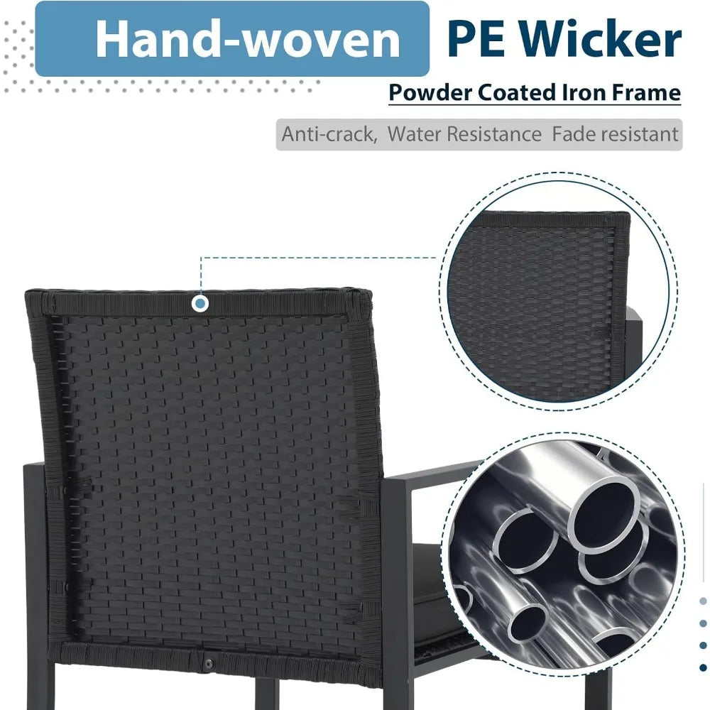 3 Pieces Patio Furniture Set, Outdoor Wicker Bistro Set, Modern Rattan Conversation Furniture with 2 Chairs and Tempered