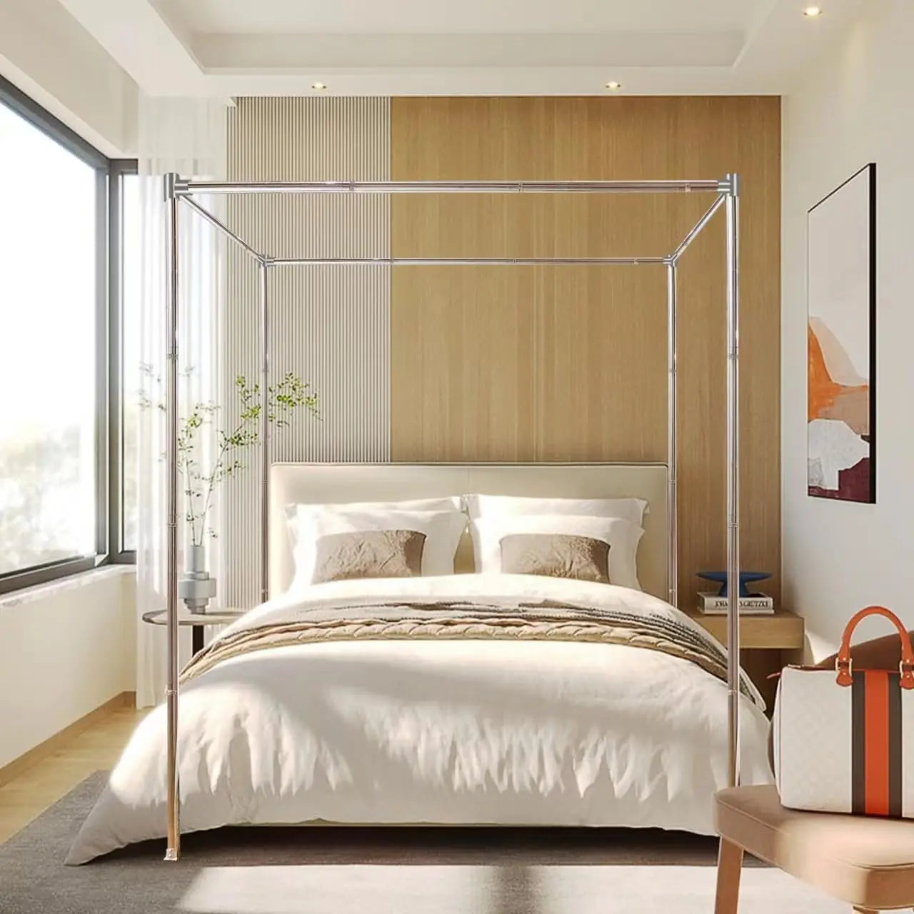 Queen Size Stainless Steel Canopy Bed Frame with Thick Brackets & Mosquito Curtains