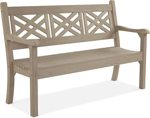 63''W All-Weather Poly Lumber Outdoor Bench – Teak Color, 3-Person Garden Bench with Decorative Backrest & Curved Armrests, Ant