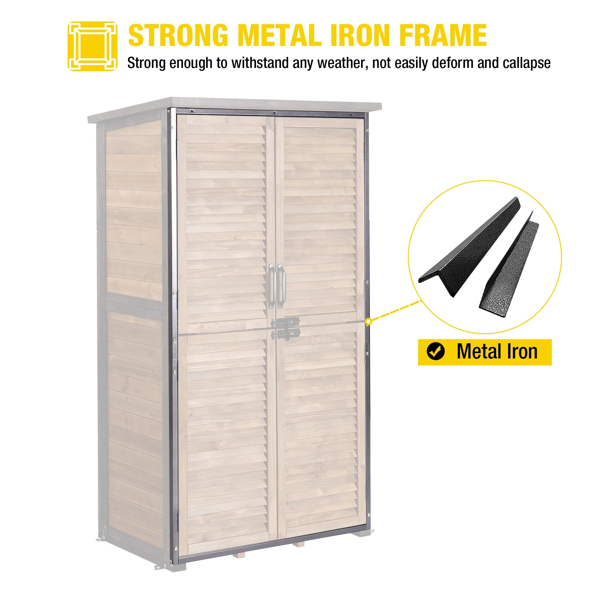 Wooden Garden Shed with Iron Frame | 3-Tier Adjustable Shelves