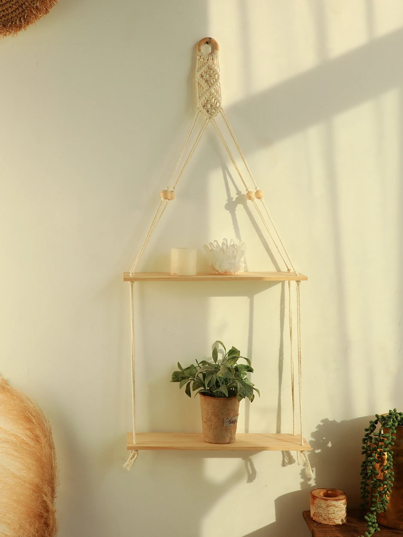 Macrame Hanging Shelf Wall Decor Handmade Rope Rustic Wood Floating Wall Shelf Display Stand Corner Wall Shelf For Photos Plant