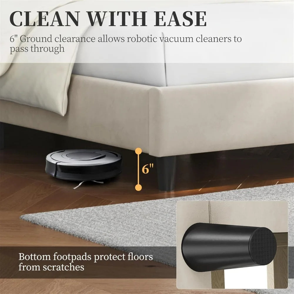 Upholstered Queen Bed Frame – Tufted Headboard with Wooden Slat Support (Beige Velvet)