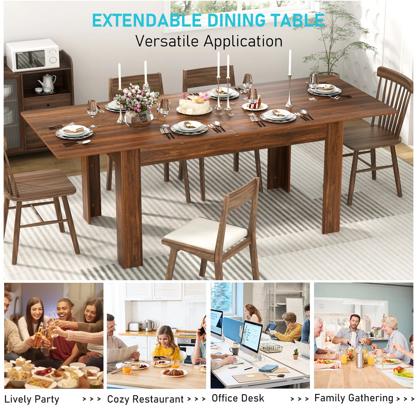 Extendable Dining Table for 6-10 Person, Wooden Dining Room Table, Modern Extendable Table for Gatherings, Meeting for Kitchens