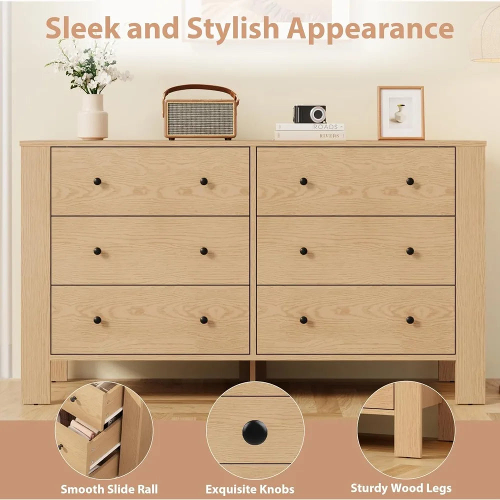 Natural Oak 6 Drawer Dresser for Bedroom, Modern Wide Dresser Organizer with Storage Drawers, Wooden Chests of Drawer